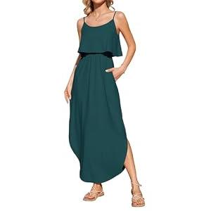 AUSELILY Womens Summer Dresses 2025 Adjustable Strappy Beach Sundress Casual Midi Dress with Pockets, Dark Green XS