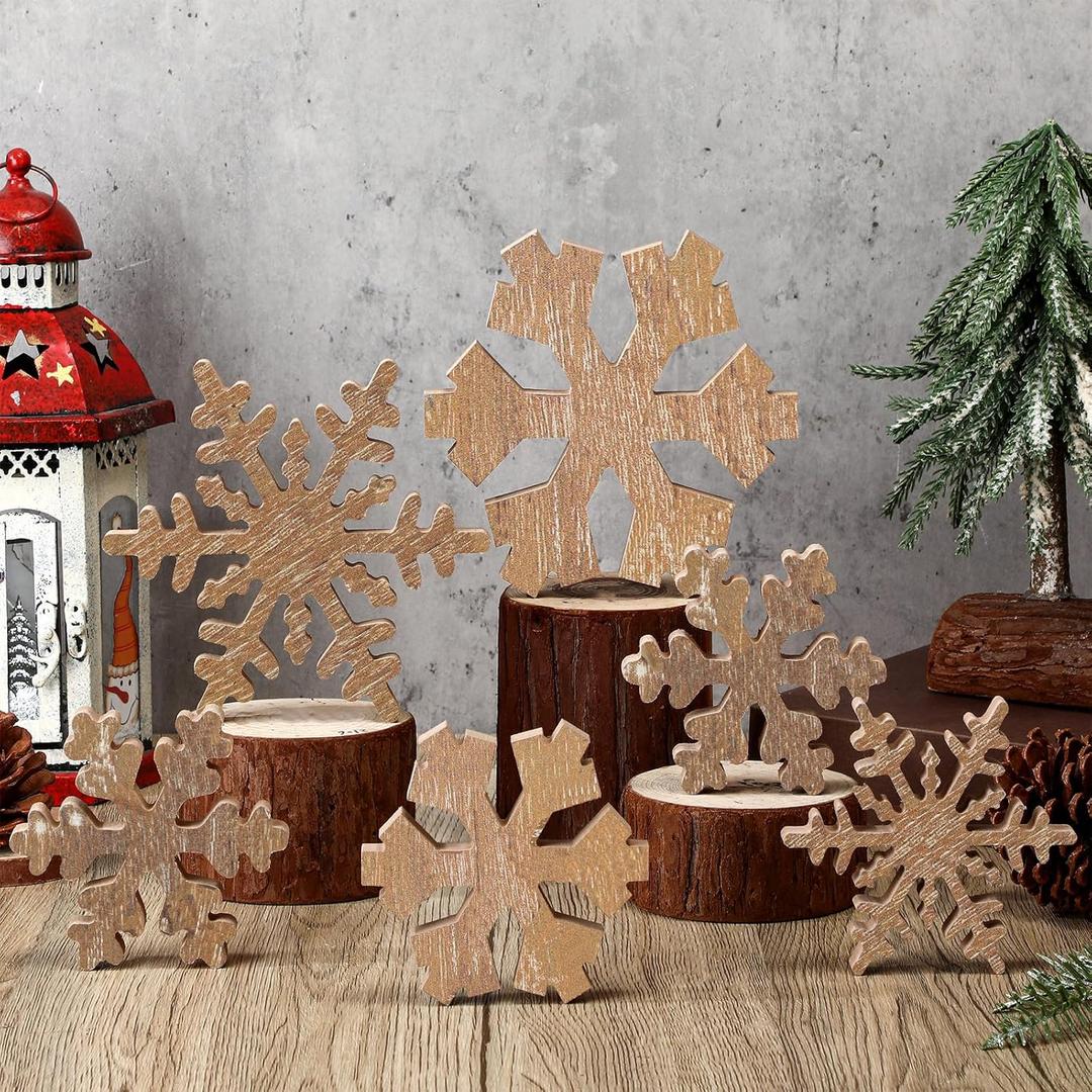 Huwena 6 Pcs Winter Tiered Tray Decor Snowflake Table Signs Hello Winter Wood Blocks Farmhouse Let It Snow Wood Decor for Table Shelf (Rustic Style)