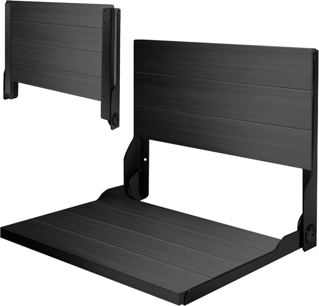 Teak Shower Bench, Folding Shower Chair Wall Mounted, Wood Folding Shower Seat, Teak Shower Bench for Inside Shower, 20 Inch Wide, 500 lbs Capacity (All Black, 20'' W x 16'' D x 20'' H)