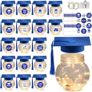 24 Pcs 2026 Graduation Jars with LED Lights & Stickers, Grad Cap Container with Tassels, Class of 2026 Grad Party Favors DIY Table Decor Gifts (Blue)