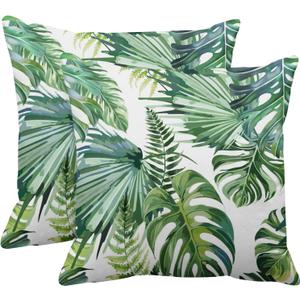 Emvency Set of 2 Throw Pillow Covers Tropical Watercolor Artistic Modern Green Palm Leaf Decorative Pillow Cases Home Decor Standard Square 18x18 Inches Summer White Pillowcases