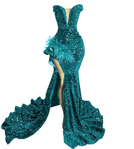 Ikerenwedding Sparkly Prom Dress Glitter Sequin Feather Split Pageant Celebrity Gala Evening Dress Lake Blue US22W