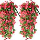 ZFProcess Artificial Fake Hanging Flowers Plants for Outdoor Spring Summer Decoration, 2PCS Faux Silk Violet UV Resistant Look Real Trailing Vines for Outside Home Planter Porch Patio(Rose red)