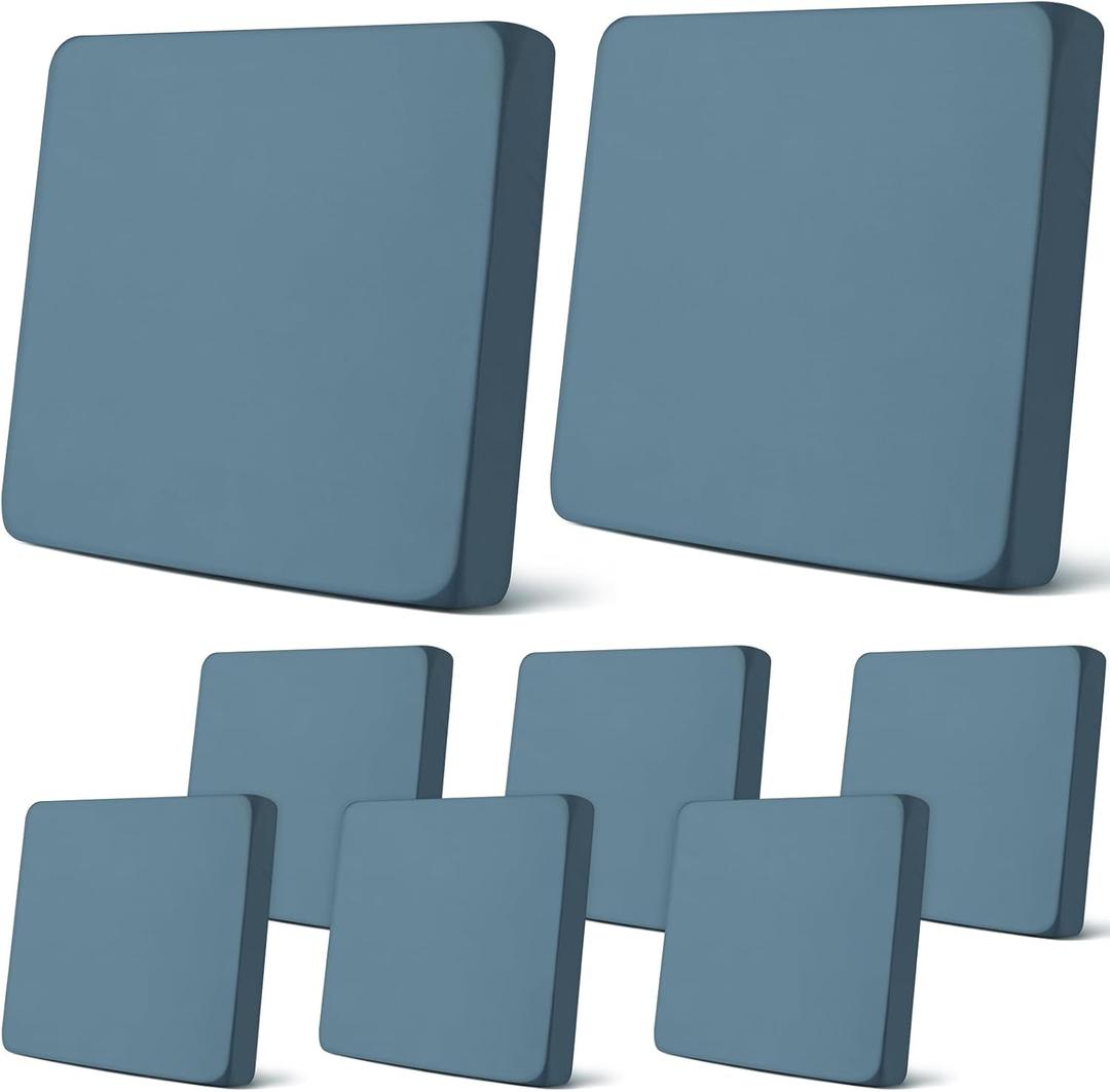 Newwiee 8Pcs Patio Cushion Covers Stretch Outdoor Cushion Cover Replacement for Patio Furniture Sofa Couch Slipcovers, Soft Flexibility Washable Furniture Protector(Waterproof Pure,Gray Blue) Solid, 19.68"D x 19.68"W x 1.96"H