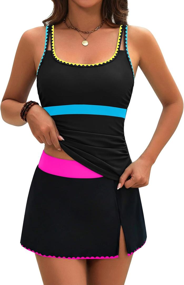 BMJL Women's Tankini Swimsuits Tummy Control Two Piece Bathing Suit Modest Swim Skirt Color Block Swim Suits 2026 (Large, Black)