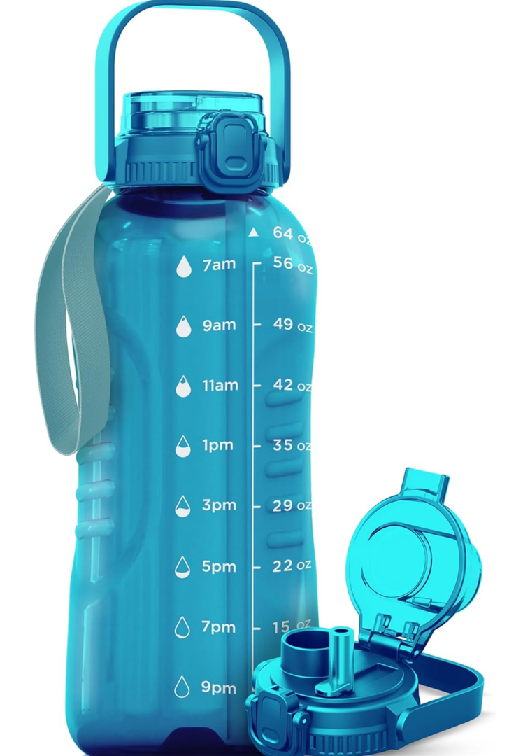 AQUAFIT 64 oz Water Bottle with Time Marker - 2in1 Straw & Chug Lid - BPA Free Big Water Bottle with Straw - Gym Water Bottle with Strap - Water Jug (64 Ounces, Aqua)