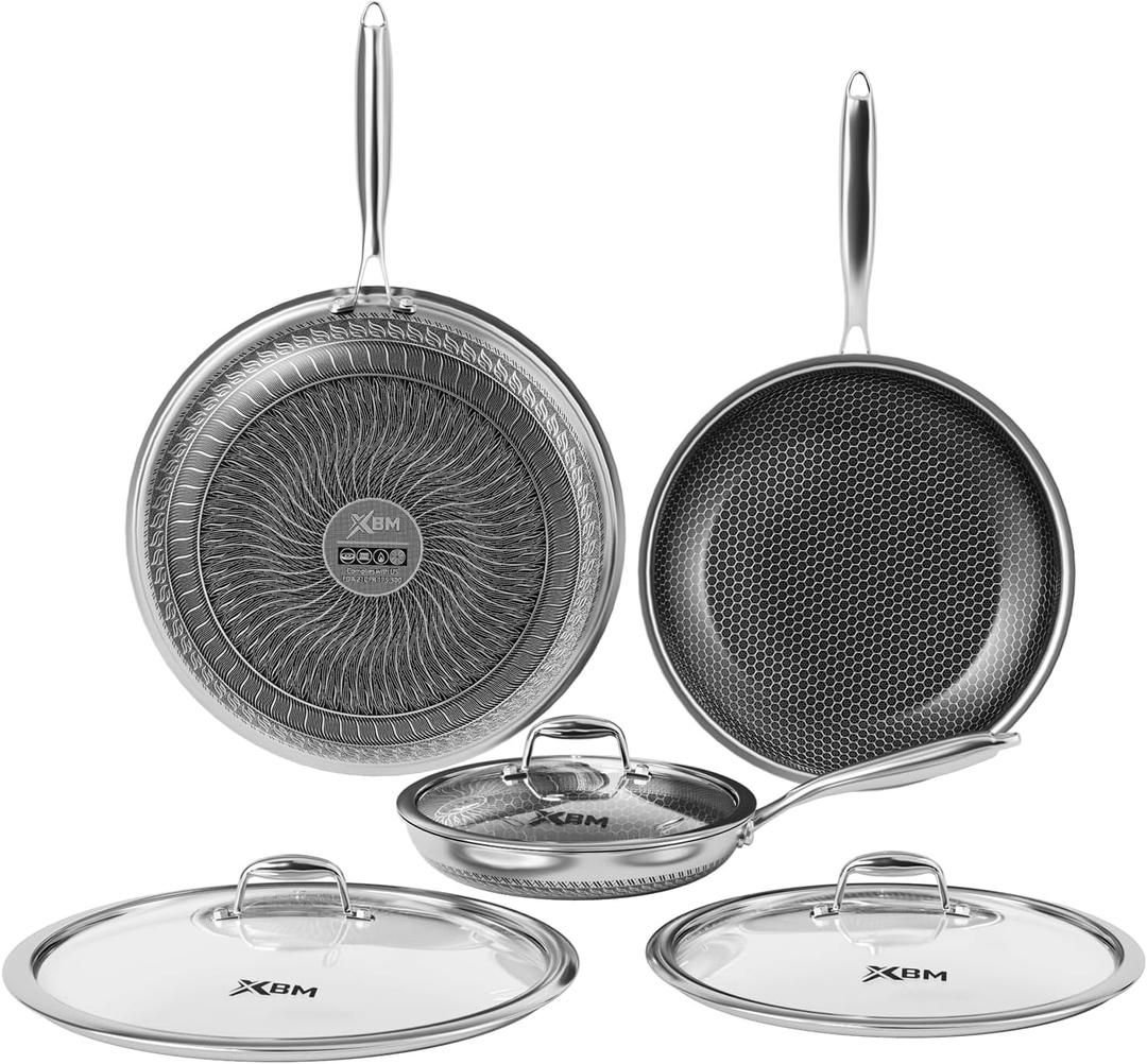 Nonstick Frying Pan Set, 8+10+12 Inch, Honeycomb Stainless Steel Skillet Pans Set, PFOA-Free Scratch-Proof, Dishwasher & Oven Safe, Compatible with All Cooktops (Silver+lid)