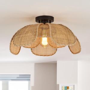 22" Natural Rattan Flush Mount Ceiling Light Fixture， Hemp Rope Wicker Hand-Woven Boho Chandelier with Flower Lampshade for Porch Patio Hallway Bedroom Living Room Kitchen Island