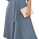SCOMCHIC Women Plus Size Midi Dresses Wedding Guest Short Sleeve V Neck Tie Waist Casual Summer Flowy A Line Dress (Grayish Blue, XXXL)
