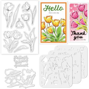 Stamps and Dies for Card Making, Mother's Day Tulip Stamps Die Cut Stencils Clear Stamps Set Layering PET Coloring Stencil for DIY Scrapbooking Craft Decor Album Paper Arts Crafts Supplies