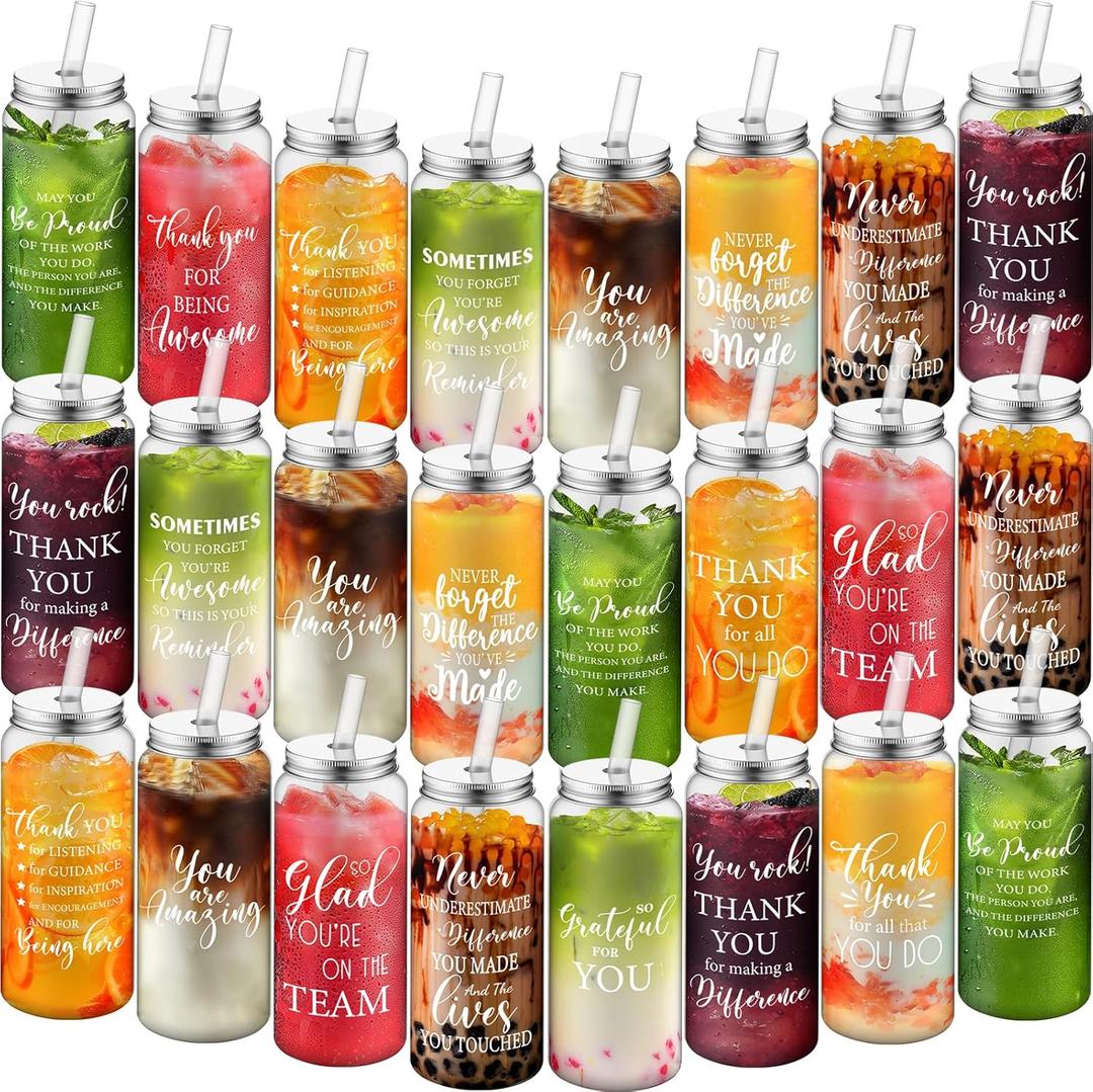 Pickmesh 24 Pcs Employee Appreciation Gifts Thank You Reusable Tumbler Bulk 13.5 oz Plastic Cups with Straw and Lid Inspirational Team Gifts Cold Drink Water Bottle for Christmas Thanksgiving Coworker