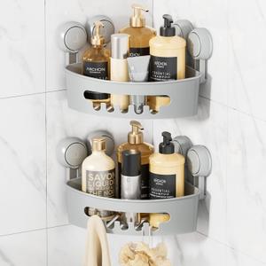 LEVERLOC Corner Shower Caddy Suction Cup, shower shelves suction cup, 2 Pack Basket Powerful Bathroom, Waterproof & Oil-proof Organizer for Kitchen, No-Drilling Removable (Grey)