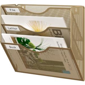 EasyPAG 3 Pocket Mesh Wall File Organizer, Hanging Paper Folder Holder with Classify Label, Vertical Wall Mount Mail Organizer for Office Home Classroom, Gold