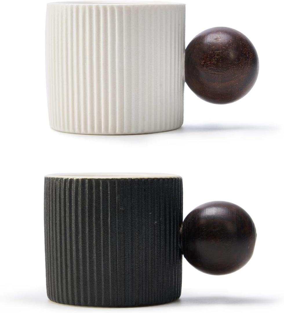 CLASGLAZ Ceramic Mini Espresso Cups Demitasse Cups with Round Wooden Handle Vertical Stripes Tea Cups (Black/White, 2pcs)