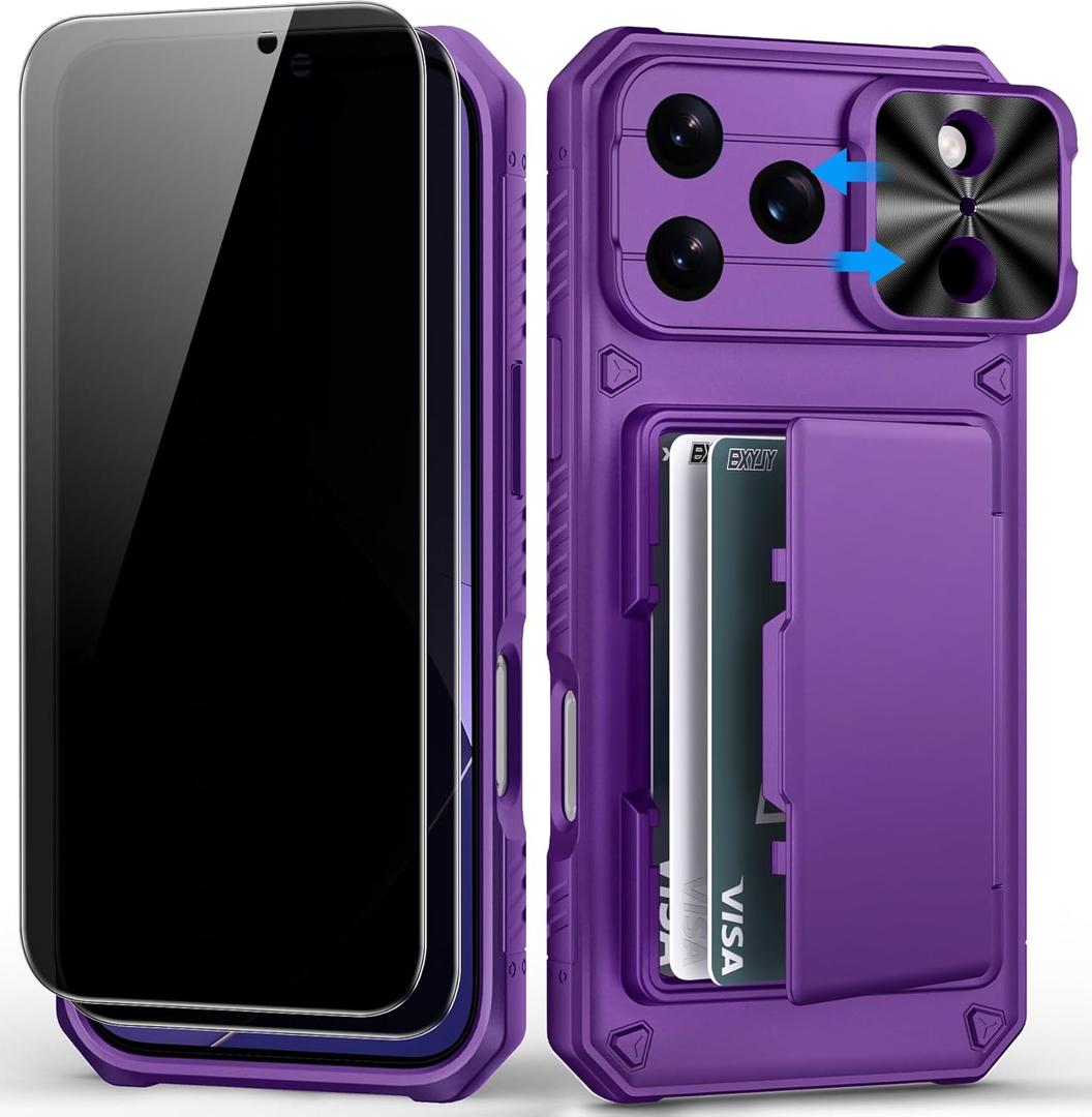 BXYJY for iPhone 17 Pro Max Case Wallet, 2 Privacy Screen Protectors, Card Holder (4-5 Cards), Slide Camera Cover, Military Grade Drop, Heavy Duty Men Women Phone Case for iPhone17 Pro Max, Purple (Dark Purple-PSP)