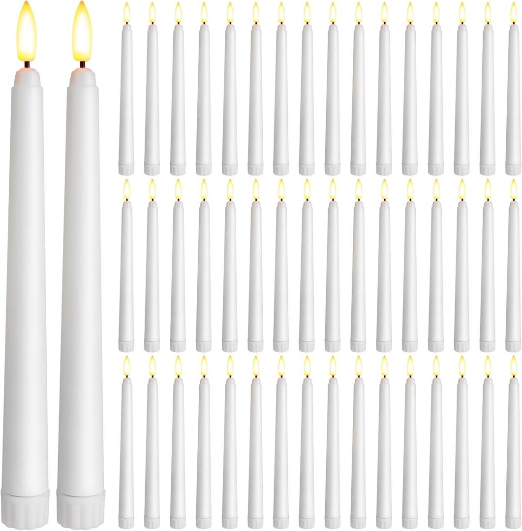 Baquler 50 Pcs 8.5 Inch Flameless Taper Candles Battery Operated Taper Candles Bulk LED Flickering White Candlesticks for Wedding Church Table Centerpiece Halloween Christmas Party Decor