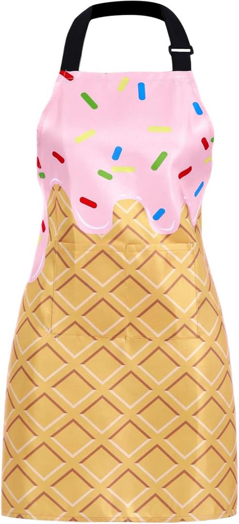 Ice Cream Parlor Apron, Cute Cones Colored Sprinkles Apron for Women with Adjustable Neck, Pockets Home Kitchen