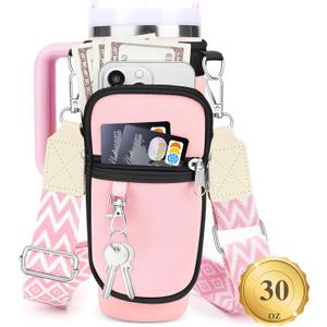 Water Bottle Carrier Bag with Strap for Stanley 40/30 oz Tumbler with Handle, Water Bottle Holder Pouch with Phone Pocket for Stanley Cup Accessories, fit Walking Hiking Travel (Pink&Black)