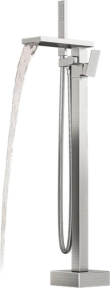 Freestanding Bathtub Faucet with Handheld Spray Single,High Flow Waterfall Bath Shower Faucet,Floor Mount Bathtub Faucet Swivel Flat Waterfall Spout Brushed Nickel
