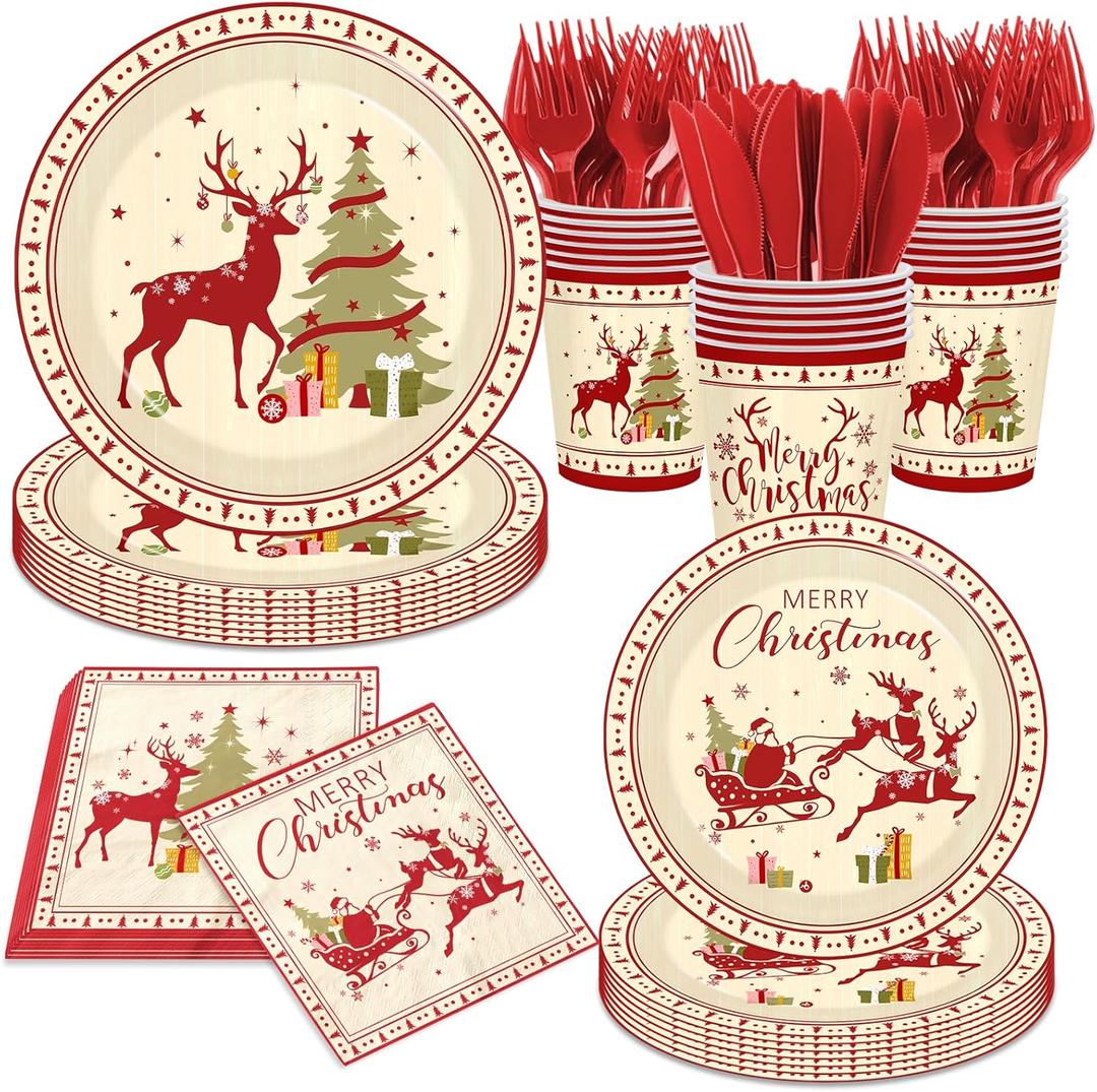 144Pcs Christmas Vintage Tableware Set Serve 24,Christmas Reindeer Party Plates and Napkins Winter Holiday Birthday Party Supplies Vintage Santa Claus Reindeer Decoration for Xmas New Year Party