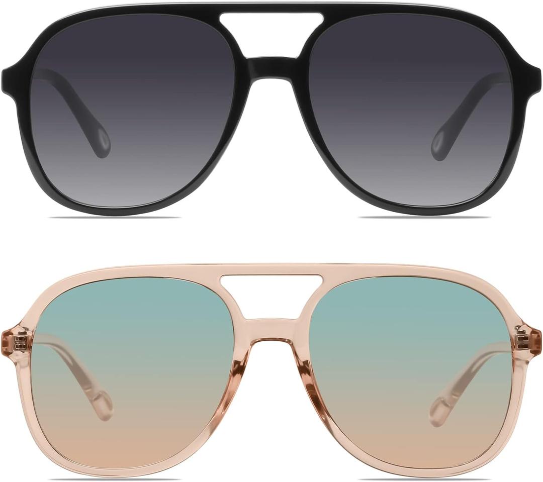 YDAOWKN Retro Square Aviator Sunglasses for Womens Mens Vintage 70s Double Bridge Sun Glasses (Black)