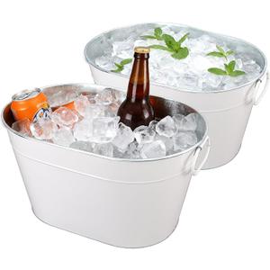 2PCS Galvanized Tub Ice Bucket for Parties, Thick Metal Galvanized Drink Buckets, Beverage Tub with Handles, Drink Bucket for Indoor & Outdoor Party (White)