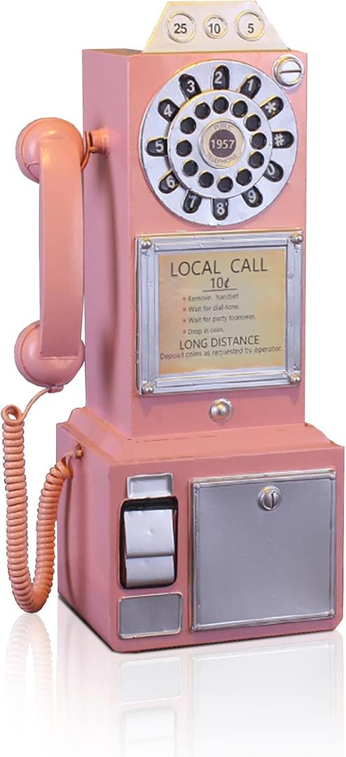 Antique Telephone - Pink Rotary Dial Landline Phone Model Vintage Classic Phone Props Retro Wall Mounted Crafts Ornaments Cafe Bar Window Booth Decoration - 9.8''L x 6.3''W x 19.7''H