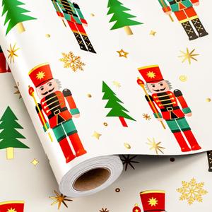 Yarcony Nutcracker Wrapping Paper Roll, White Christmas Wrapping Paper, Metallic Foil Elegant Christmas Tree, Nutcracker Gift Wrap for Holiday, New Year, Celebrations (Mini Roll, 17 Inch X 33 Feet)