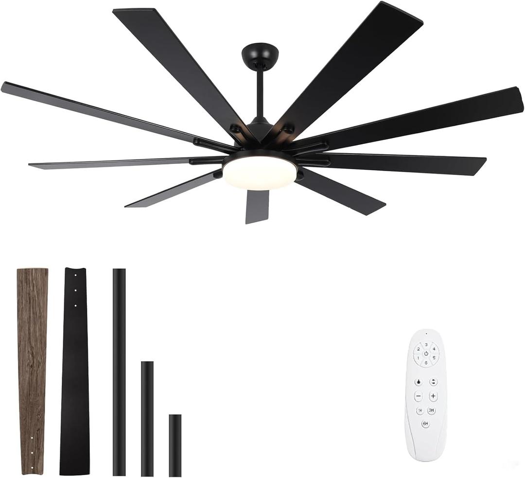 72 Inch Large Size Outdoor Ceiling Fan, Black Ceiling Fans with Lights and Remote, 9 Fan Blades, Dimmable, Reversible, 6-Speeds, 3-Colors Temperature, for Living Room/Office/Patio