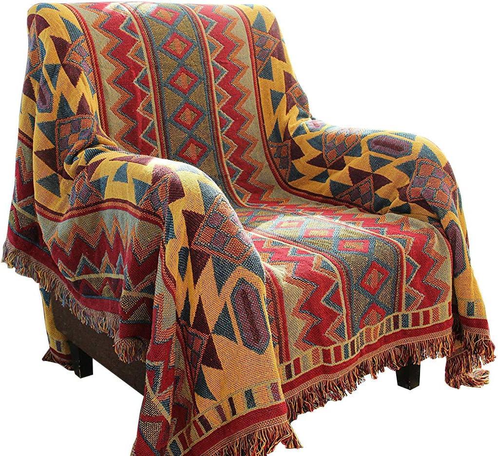 HNNSI Bohemian Cotton Woven Blanket Throw with Fringe Reversible Sofa Towel Knitted Couch Throw for Bed Chair, Home Office Decor Tassels Blanket 70x86 inch