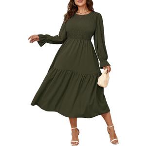 SHESTARR Women's Plus Size Dress Long Sleeve Crewneck Smocked Tiered Flowy Boho Wedding Party Maxi Dresses (Green, XXXL)