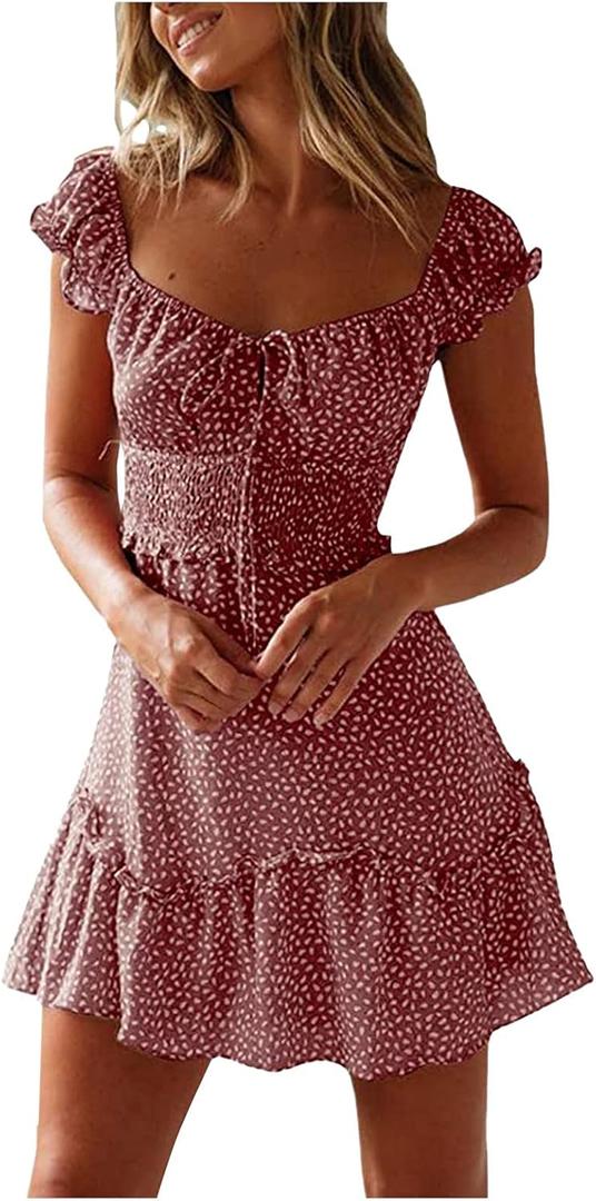 Womens Summer Sexy Sweetheart Collar Printed Ruffle Mini Dress Floral Tie Front Boho Casual Valphsio Short Sundress (Large, Pink)