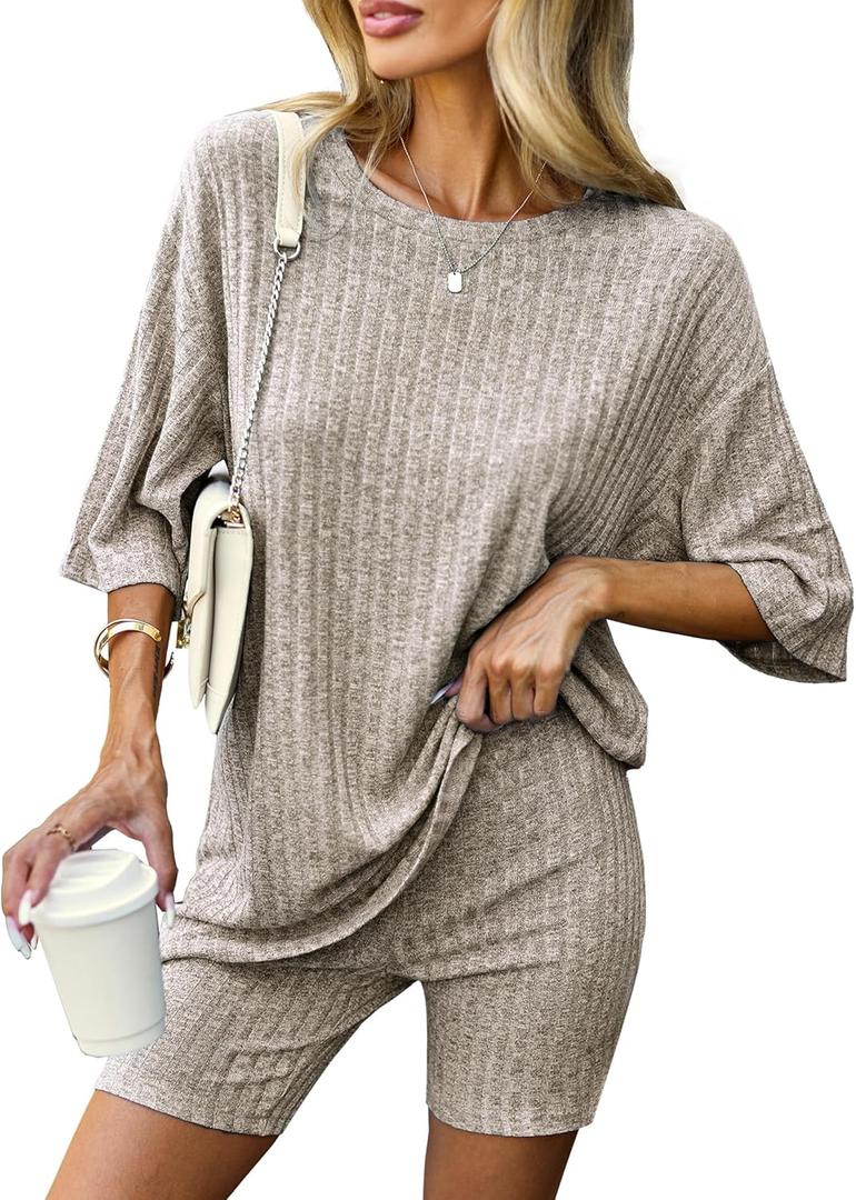 Ekouaer Pajamas 2 Piece Lounge Sets Ribbed Knit Matching Outfits T-shirt Biker Shorts Sleepwear Loungewear Sweatsuits (Large, Camel)