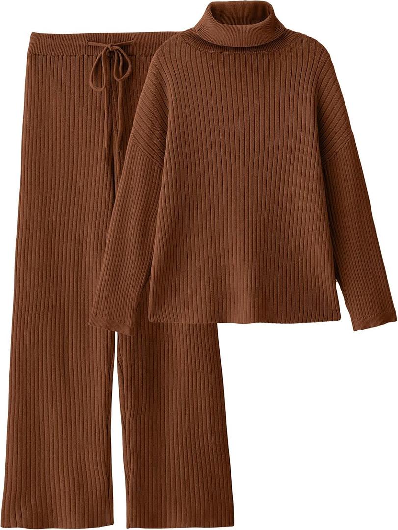 LILLUSORY Women's 2 Piece Outfits Turtleneck Sweaters Lounge Set and Wide Leg Pants Cozy Knit Sweatsuit Sets, L