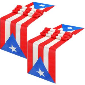 Kingdder 2 Pcs Puerto Rico Table Runner for Puerto Rican Party Decorations 13 x 72 Inch Linen Tablecloth for 12th of June National Day Country Decoration Kitchen Dining Room Home Dinner