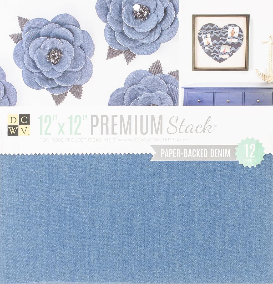 Denim Paper Stack, 12x12 inches - Jean Fabric Cardstock Paper for Crafts, Scrapbooks, and DIY Decor - 12 Single Sided Sheets