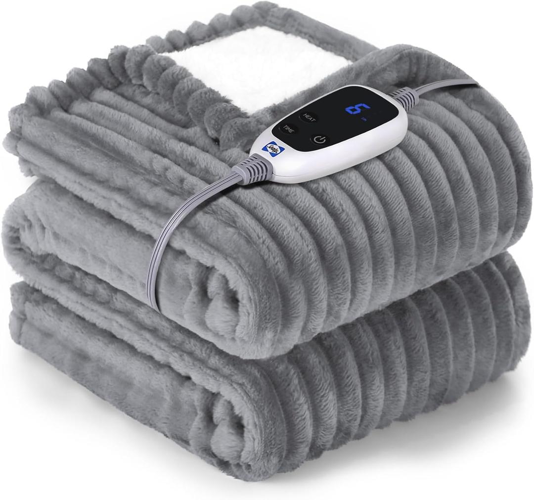 Sealy Electric Blanket Heated Throw, Soft Flannel to Sherpa Reversible Safe Heating with 6 Heat Settings & 2-10 Hours Auto Shut - Off Overheat Protection, Machine Washable, 50" x 60" Gray (Throw Size 50" x 60")