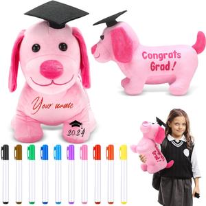 Lenwen 11 Pcs Graduation Plush Autograph Dog for Kids with Colorful Fabric Markers Pens Congratulations Gift Stuffed Animal Dog with Graduation Cap Congrats Grad Party Supply for Graduation Day Gift