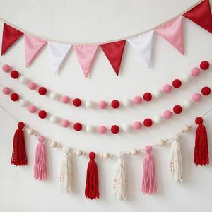 Hahafelt 4 Pcs 6.89 ft Valentine's Day Garland Banner Pom Pom Garland Pennant Banner Colorful Tassel Tree Pompom Decoration for Party Nursery Home Mantel Fireplace Birthday(Valentine's Pink)