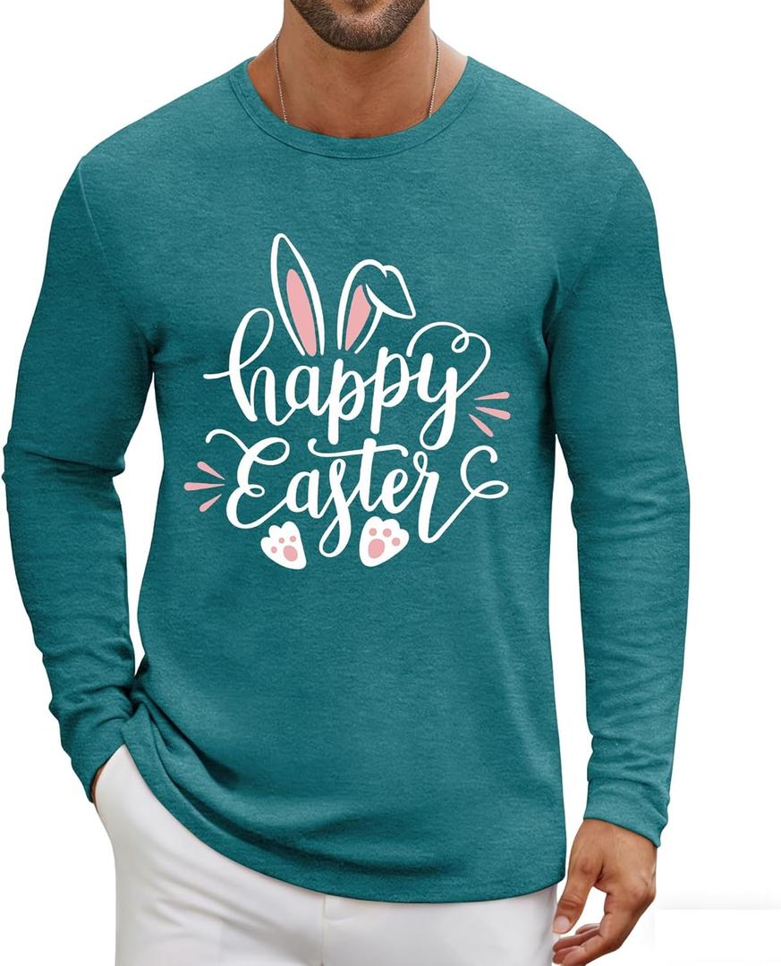 LAZYCHILD Easter Shirts for Men: He is Risen Shirt Christian Easter T-Shirt Easter Long Sleeve Gifts Tee Tops (Large, Cyan)