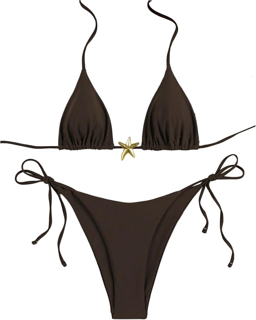 Women's Two Piece Bikini Set Star Decor Halter Triangle Swimsuit Tie Side Bathing Suit Beachwear (Khaki) S