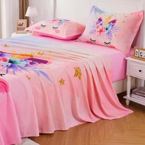 VIVILINEN Queen Size Sheet Set 4 Piece Queen Bed Sheets Set for Girls Pink Unicorn Kids Sheets Set for Teens Bedding Set Include Flat Sheet, Deep Pocket Fitted Sheet and Pillowcase