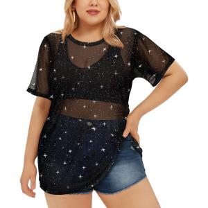 RITERA Plus Size Mesh Tops for Women Sexy Short Sleeve Sheer Fishnet Shirts Black Tshirts Blouses XL-5XL, (690-black Sequin) 5XL