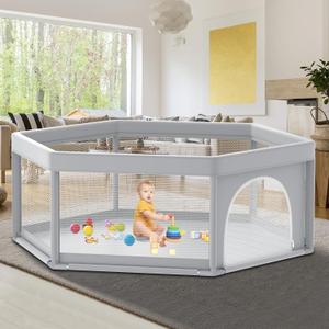 Fshibila 65" 65" Hexagonal Baby Playpen, Baby Playard for Babies and Toddlers, BabyFence Play Pens for Indoor & Outdoor, Sturdy Safety Play Yard with Soft Breathable Mesh, Anti-Fall, Grey