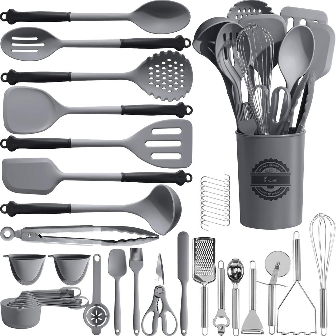 Kikcoin 43Pcs Large Kitchen Utensils Set - Silicone Cooking Utensils Set, Dishwasher Safe Spatula Set for Non-stick Cookware, 446F Heat Resistant Kitchen Utensils Set with Holder BPA Free, Grey (Gray)