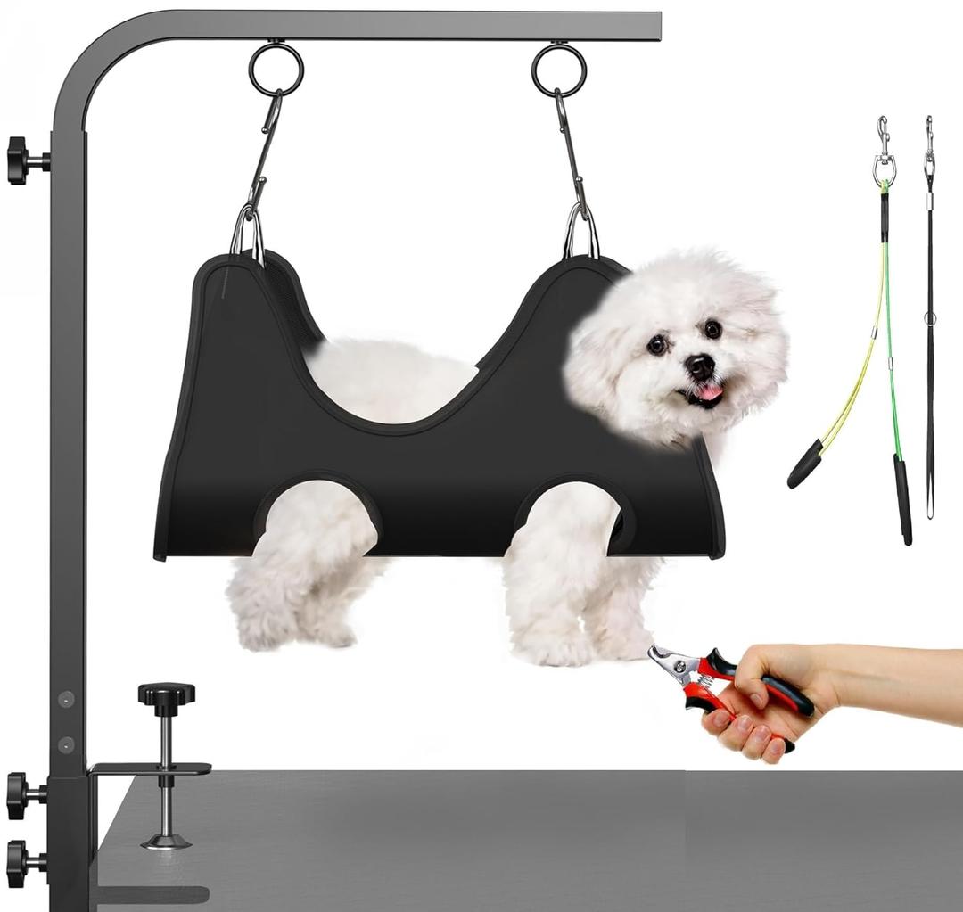 Adjustable Dog Grooming Arm with Clamps: 42" Height-Adjustable Pet Grooming Stand with Hammock and No-Sit Haunch Holders, Ideal for Home Grooming, Trimming, and Nail Clipping (Table Not Included)
