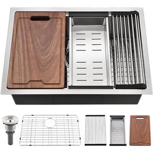 24 Inch Undermount Kitchen Sink-Bokaiya 24x19 Stainless Steel Kitchen Sink Undermount Workstation Sink 16 Gauge Deep Single Bowl Kitchen Sinks with Cutting Board (Brushed Nickel(Workstation)