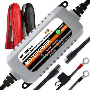 MOTOPOWER MP00205B 12V 1000mA Automatic Battery Charger, Battery Maintainer, Trickle Charger, and Battery Desulfator with Timer Protection - Grey MOTOPOWER MP00205B 12V 1000mA Automatic Battery Charger, Battery Maintainer, Trickle Charger, and Battery Desulfator with Timer Protection - Grey
