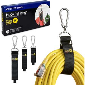 Hook 'n Hang Wrap-It Storage Straps - Assorted 3-Pack Black - Heavy Duty Extension Cord Holder with Hooks for Cord or Garden Hose Storage