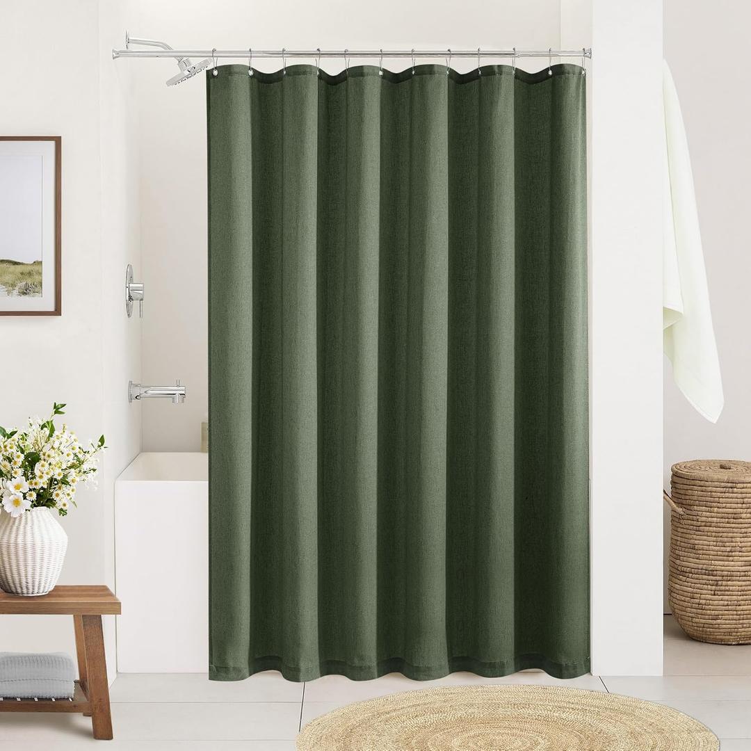 Olive Green Linen Shower Curtain Boho Farmhouse Shower Curtains for Bathroom Dark Green Aesthetic Bath Decor Sheer Cloth Water Repellent with Hooks Sets Spring Decor 72x72 Inch